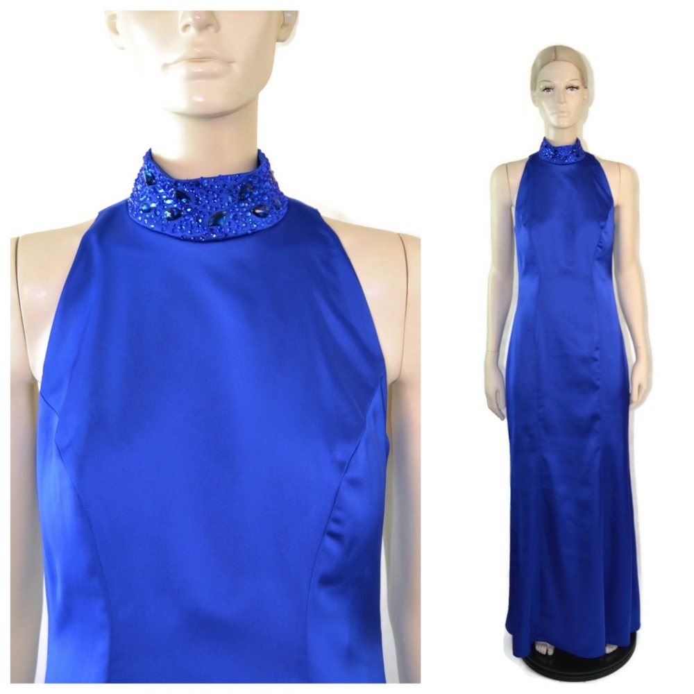 Tadashi Shoji Blue Satin Mesh Beaded Gown 4 NWT